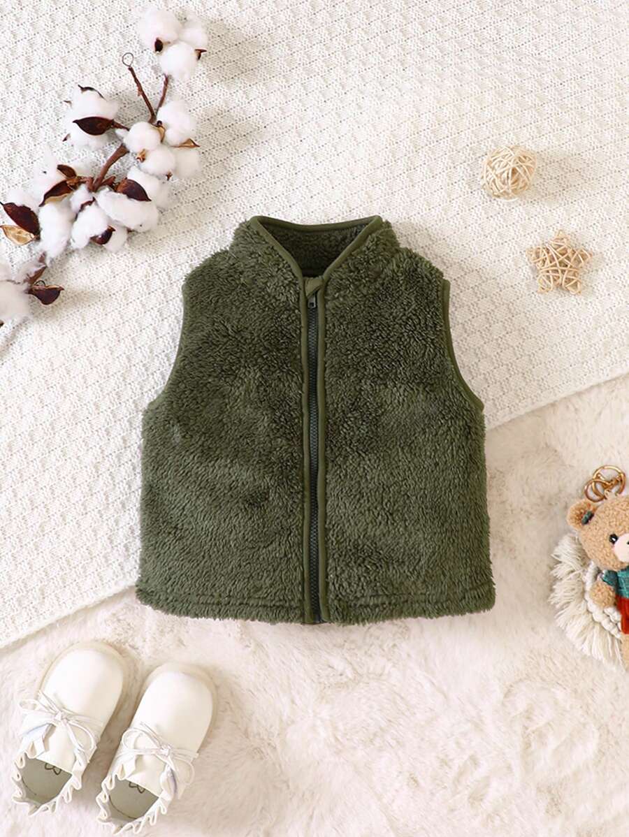 SHEIN Baby Boy Zip Up Teddy Vest Coat - Green - View 1