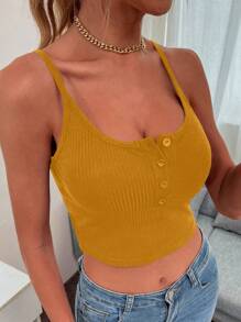 SHEIN LUNE Half Button Crop Cami Top - Yellow - View 7