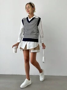 SHEIN 條紋圖案毛衣背心（不含襯衫） - 彩色 - 查看 3