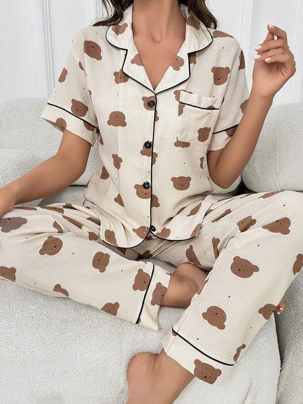 Cartoon Graphic Contrast Piping PJ Set / Pajama Set
