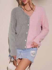 SHEIN LUNE Cardigan in maglia bicolore spalle cadenti morbido - Multicolore - Visualizzare 3