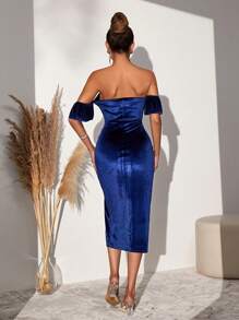 RueChic Off Shoulder Split Thigh Velvet Dress - Blue - View 2