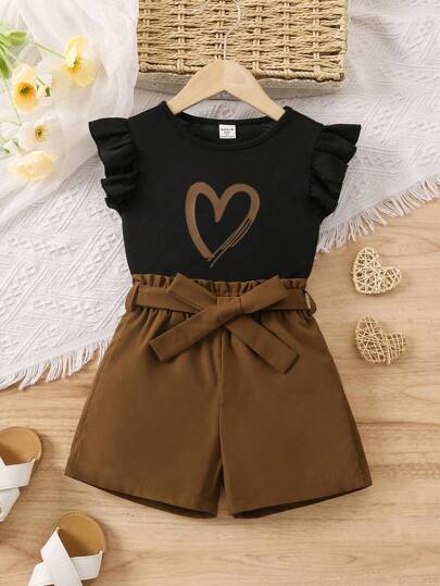 SHEIN 女小童愛心圖案荷葉邊T恤&紙袋腰附腰帶短褲