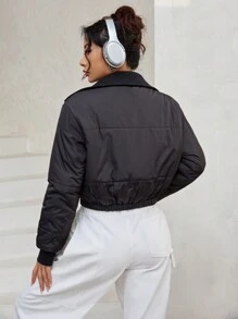 Flirla Zip Up Crop Padded Padded Coat For Winter Clothes