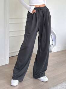 DAZY 素色腰部抽繩闊腿褲 - 深灰色 - 查看 3