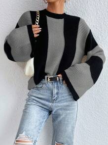 EMERY ROSE Two Tone Drop Shoulder Sweater,Long Sleeve Tops Knit Pullover Fall Winter Sweater - Grey - View 6