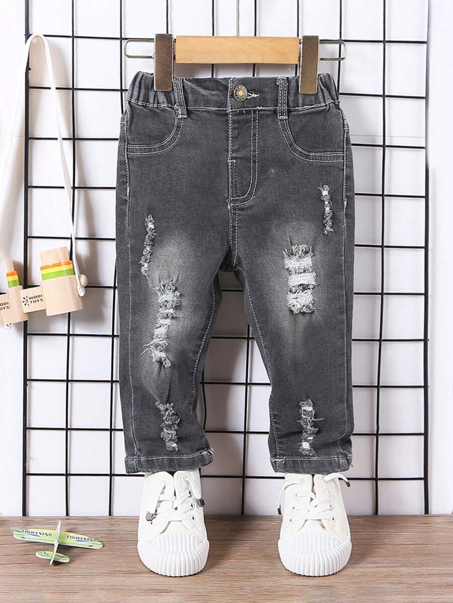 Baby Boy Slant Pocket Ripped Jeans - Dark Grey - View 1
