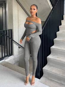 SHEIN SXY Off Shoulder Asymmetrical Hem Crop Top & Leggings - Light Grey - View 4