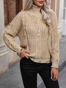 SHEIN LUNE 高领落肩做旧针织套头衫秋冬毛衣 - 駝色 - 查看 1