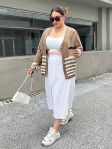 SHEIN Essnce Plus Striped Pattern Drop Shoulder Cardigan - Coffee Brown - View 5