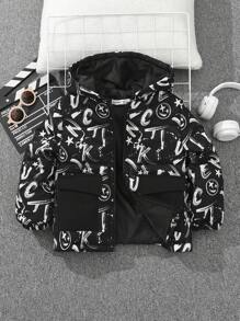 SHEIN Jeune Garçon Veste Lâche Décontracté Épaissi À Capuche Avec Motif - Noir et Blanc - Voir 6