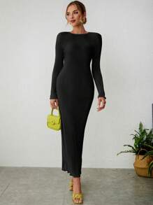 SHEIN Essnce Chất rắn Đồ đan Ribbed Váy bodycon - màu đen - Xem 5