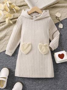 SHEIN Young Girl Heart Patched Hooded Dress - Khaki - View 1