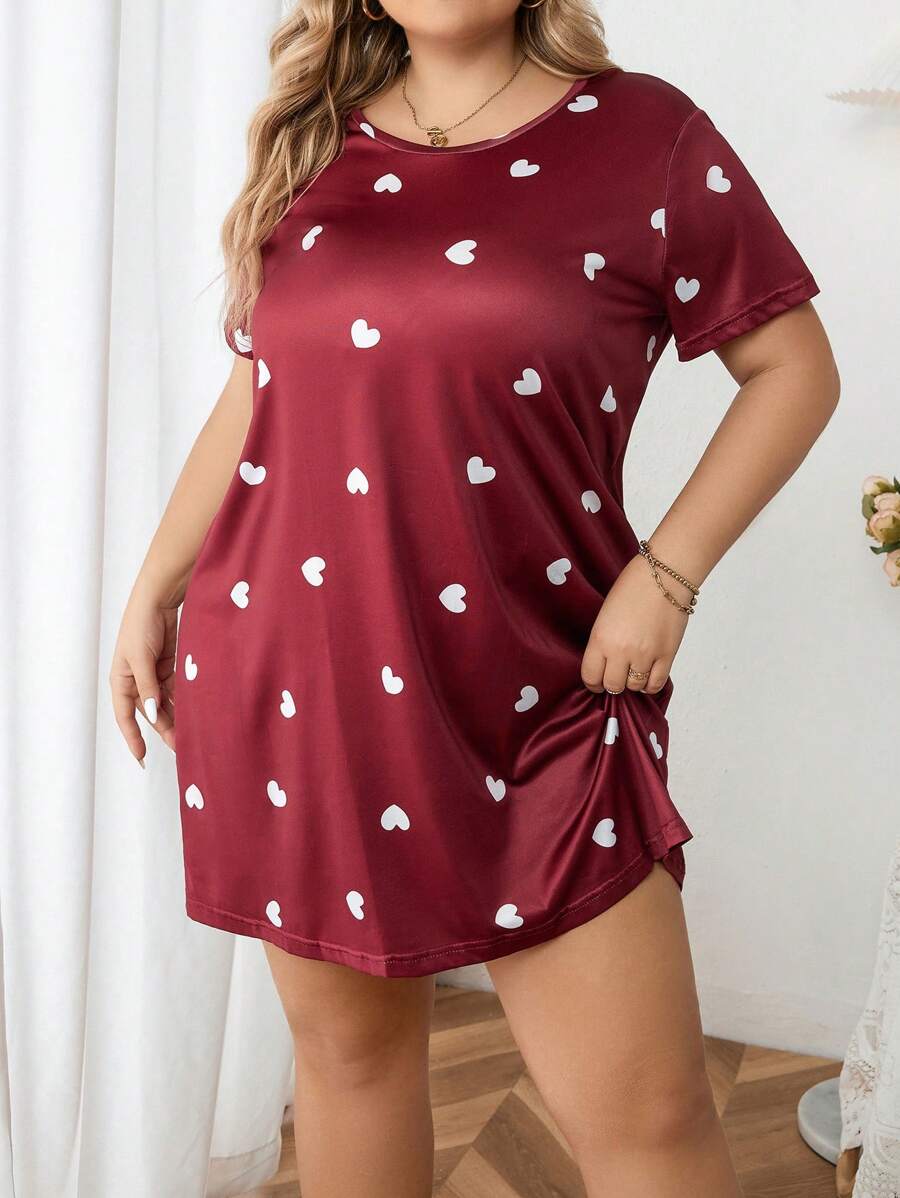 加心印花睡衣睡裙 - 紅色 - 查看 1