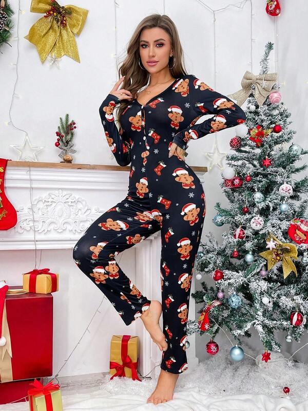 Pijama de una pieza con botones y estampado de hombrecillo de jengibre navideño, para invierno