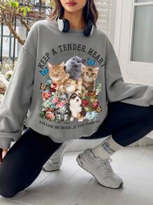 SHEIN EZwear 貓和標語圖案落肩袖運動衫 - 深灰色 - 查看 4