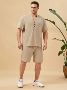 Manfinity Homme 男士大码素色半排扣襯衫和短褲 - 卡其色 - 查看 6