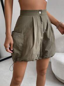 SHEIN Unity Drawstring Hem Dual Pocket Skirt - Army Green - View 5