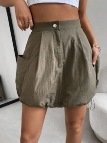 SHEIN Unity Drawstring Hem Dual Pocket Skirt - Army Green - View 6