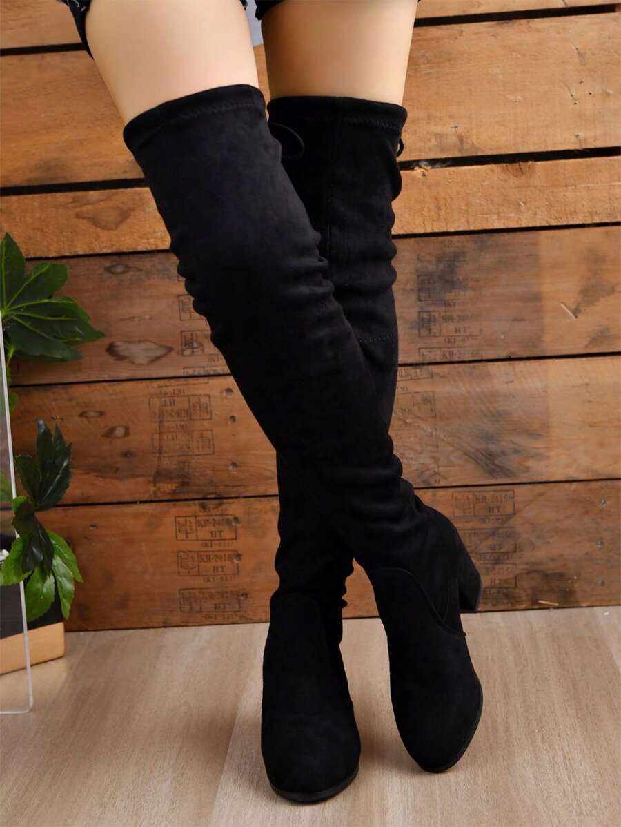 新款黑色过膝粗跟女靴，优雅秋冬高跟靴，性感