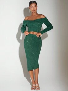 SHEIN BAE Off Shoulder Áo len Crop & Viền không đối xứng Váy dệt kim - Màu xanh lá cây đậm - Xem 4