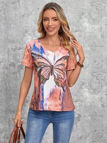 EMERY ROSE Women's Summer Flag Printed V-Neck T-Shirt Usa Top 4th Of July Women - Pink - View 3