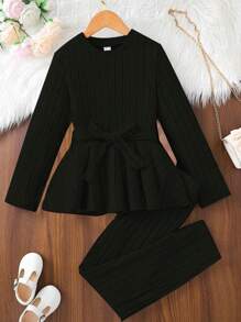 SHEIN Cô gái Tween Chất rắn Peplum Hem Áo thun & quần - màu đen - Xem 1