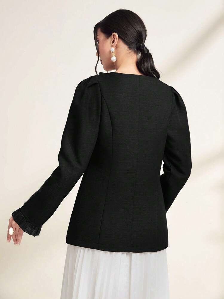 Frill Trim Button Front Coat Without Belt Fall Cloth For Women
