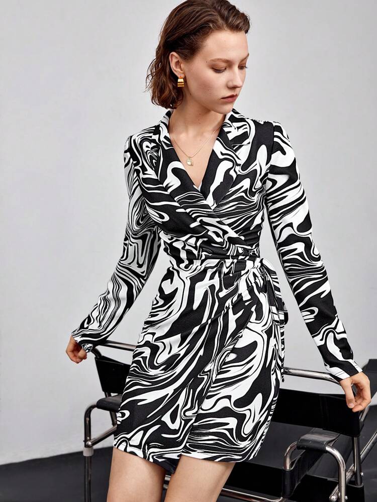 SHEIN Maija Marble Print Wrap Knot Side Dress