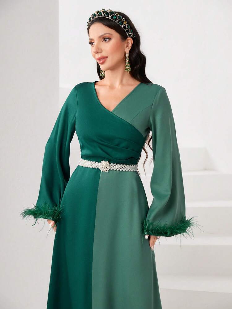 Two Tone Fuzzy Cuff Trumpet Sleeve Fuzzy Cuff Dress Without Belt