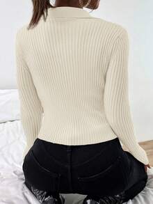 SHEIN Essnce Ribbed Knit Zip Up Cardigan - White - View 2