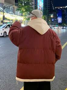 男士字母拼接拉链抽绳连帽二合一夹棉大衣 - 紅色 - 查看 2