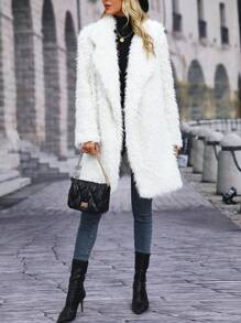 SHEIN LUNE Lapel Neck Open Front Fuzzy Coat - White - View 6