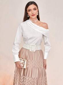 Modelyn Asymmetrical Neck Blouse Without Belt - White - View 3