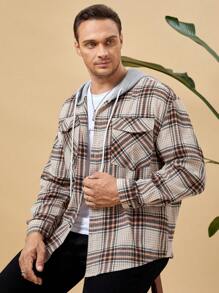 Manfinity Homme Men Plus Plaid Print Drawstring Hooded Flap Pocket Shirt