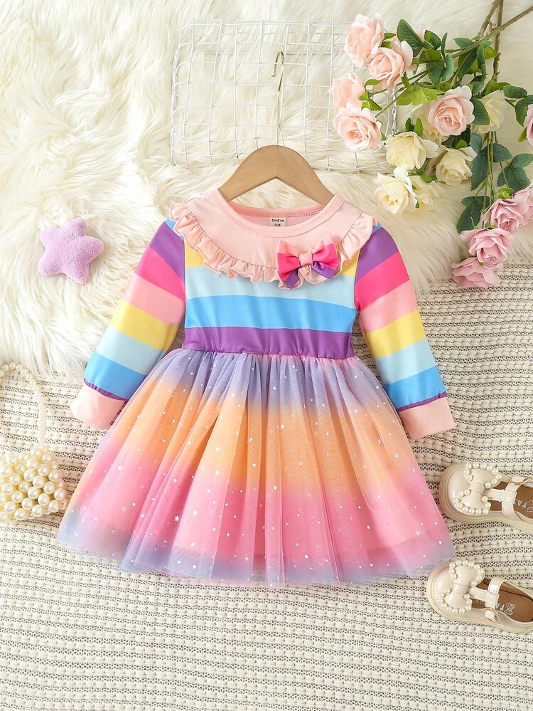 Baby Girl Colorblock Appliques Ruffle Trim Contrast Mesh Ruffle Trim Dress