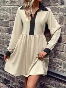 SHEIN Clasi Viền tương phản Tay áo lồng đèn Đầm - Màu Khaki - Xem 5