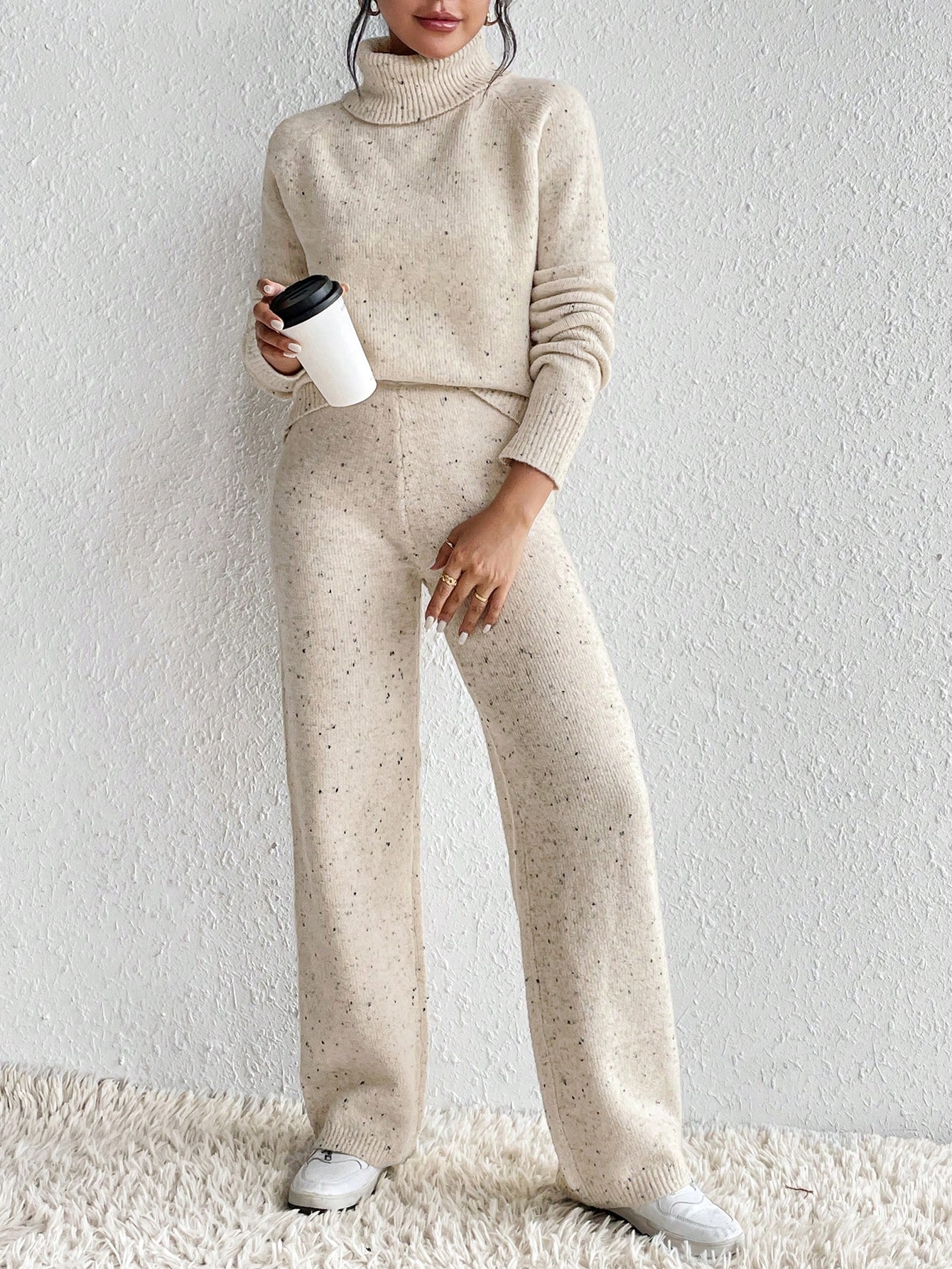 Turtleneck Drop Shoulder Sweater & Knit Pants SHEIN UK