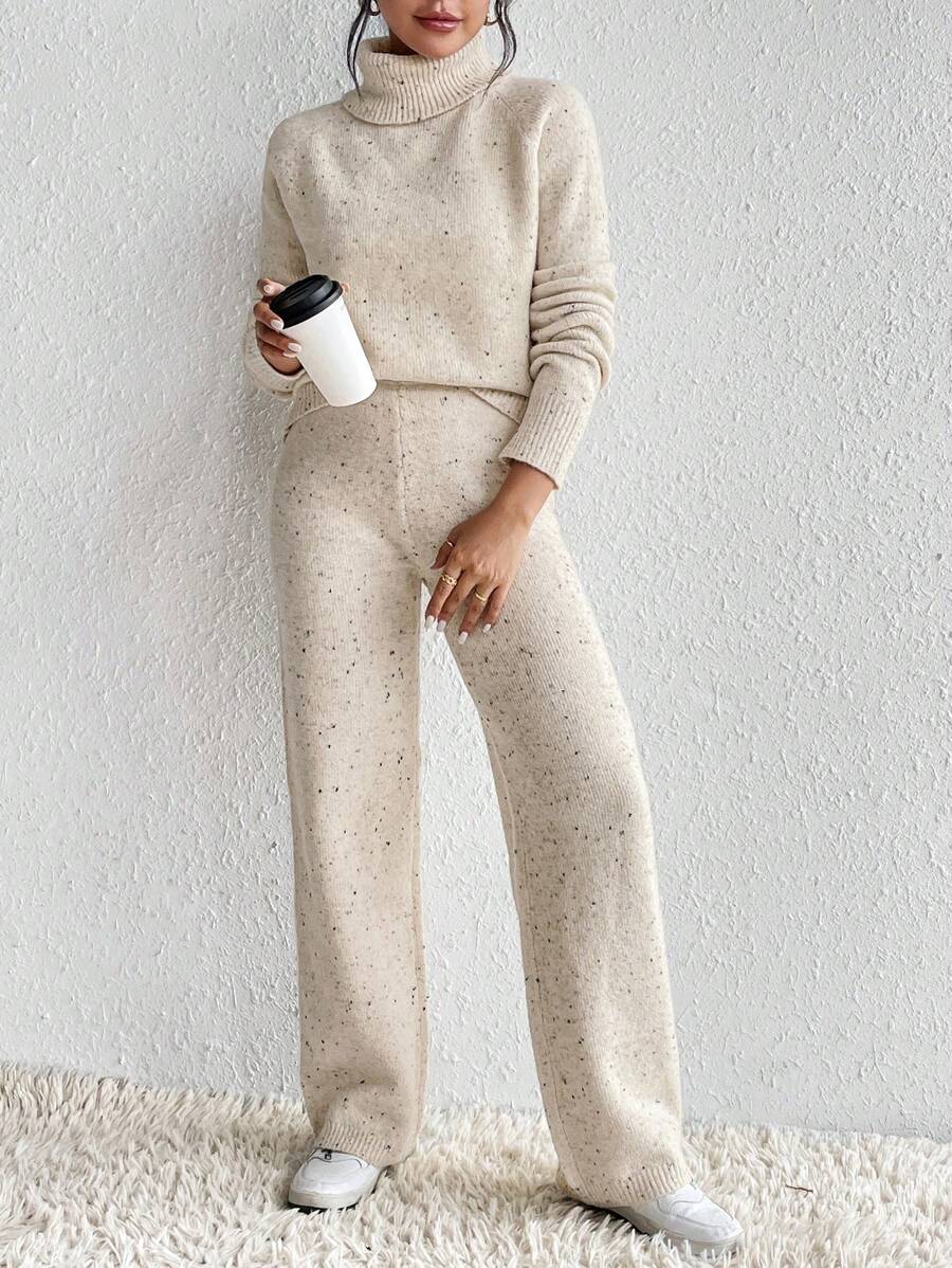 Flirla Turtleneck Drop Shoulder Sweater Knit Pants Fall Winter Cloth