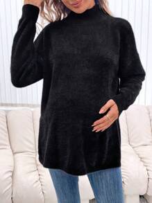 SHEIN Maternity Mock Neck Drop Shoulder Fluffy Knit Sweater, For Winter - Black - View 3