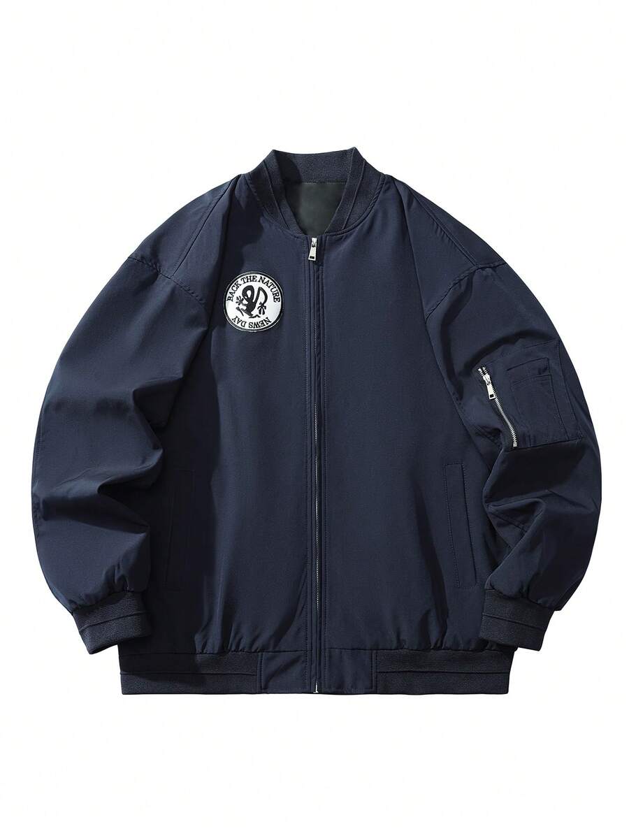 Nam Đồ họa Chữ cái Dây kéo Áo khoác bomber - Màu xanh hải quân - Xem 1