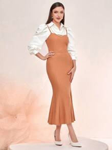 Modelyn Einfarbig Bluse mit Knopf vorne, Puffärmeln & Einfarbig Cami Kleid - Verschiedenfarbig - Übersicht 4