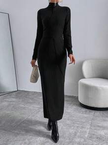 SHEIN Essnce Solid High Neck Tee & Ribbed Skirt - Black - View 5