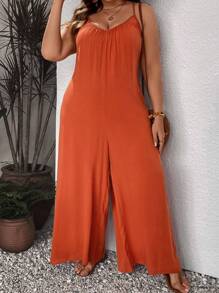 SHEIN VCAY Plus尺寸純色寬腿背心夏季連身褲 - 紅木色 - 查看 5