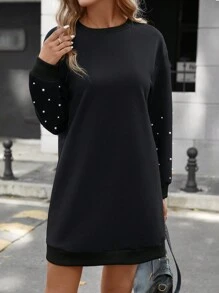 SHEIN LUNE Ngọc trai đính cườm Thả vai Đầm nỉ - màu đen - Xem 4