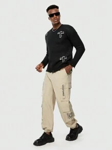 ROMWE MEN Street Life Các bạn Đồ họa Khẩu hiệu Túi nắp bên cạnh Eo dây rút Quần Cargo - Màu Khaki - Xem 2
