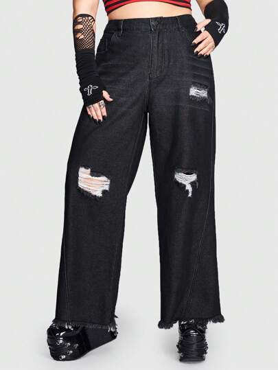 Grunge Punk Große Größen Jeans mit Riss, umgesäumtem Saum, breitem Beinschnitt
