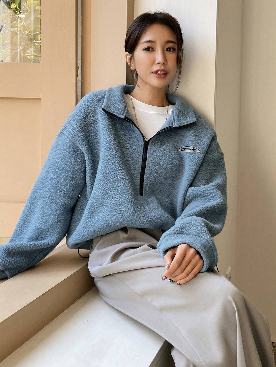 Letter Patched Half Zip Drop Shoulder Teddy Sweatshirt,Fall Women Clothes,Thermal Lined