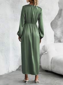 SHEIN Clasi Ruffle Trim Bishop Sleeve Ruched Ruffle Trim Split Thigh Satin Dress - Green - View 2