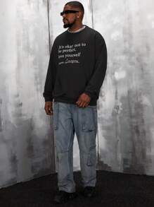 Manfinity VCAY Oversized Men Plus Size Slogan Graphic Drop Shoulder Sweatshirt, For Fall Winter - Black - View 3